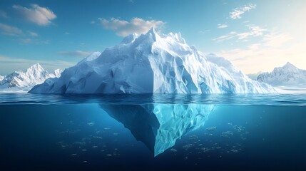 Huge iceberg floating in the ocean showing the tip and the hidden part