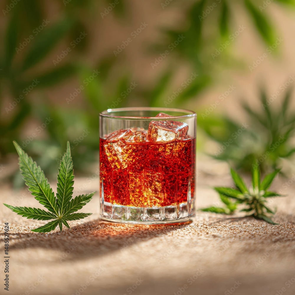 Aufkleber a refreshing cannabis-infused beverage: iced drink with marijuana leaf on a rustic table setting