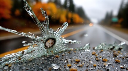 Fototapeta premium Cracked windshield showcases intricate details of glass against a serene sky and distant trees, reflecting a mix of beauty and danger