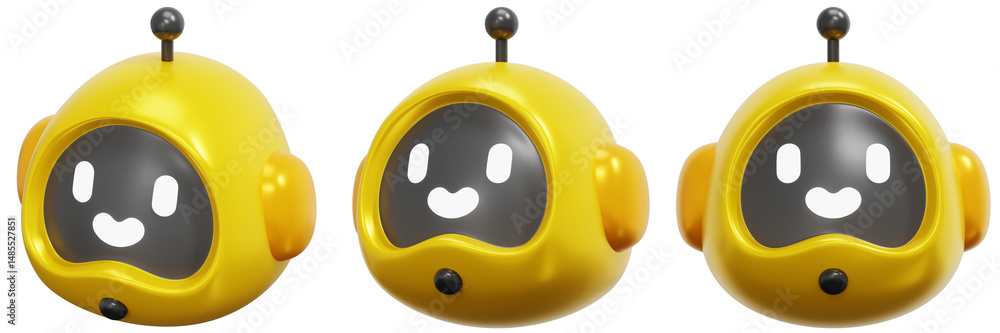 Poster set of yellow 3d robot characters with happy expressions 3d render icon illustration
