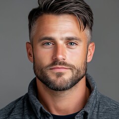 Obraz premium A man with a beard and a gray shirt