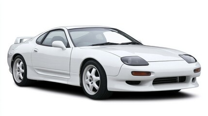 A white sports car is parked on a white background