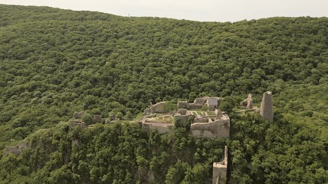 Aerial view Ujarma Fortress. Ancient Hilltop Royal Citadel and Strategic Stronghold of the Iberian Kings in Kakheti, Georgia. Sightseeing destination in Kakheti wine region