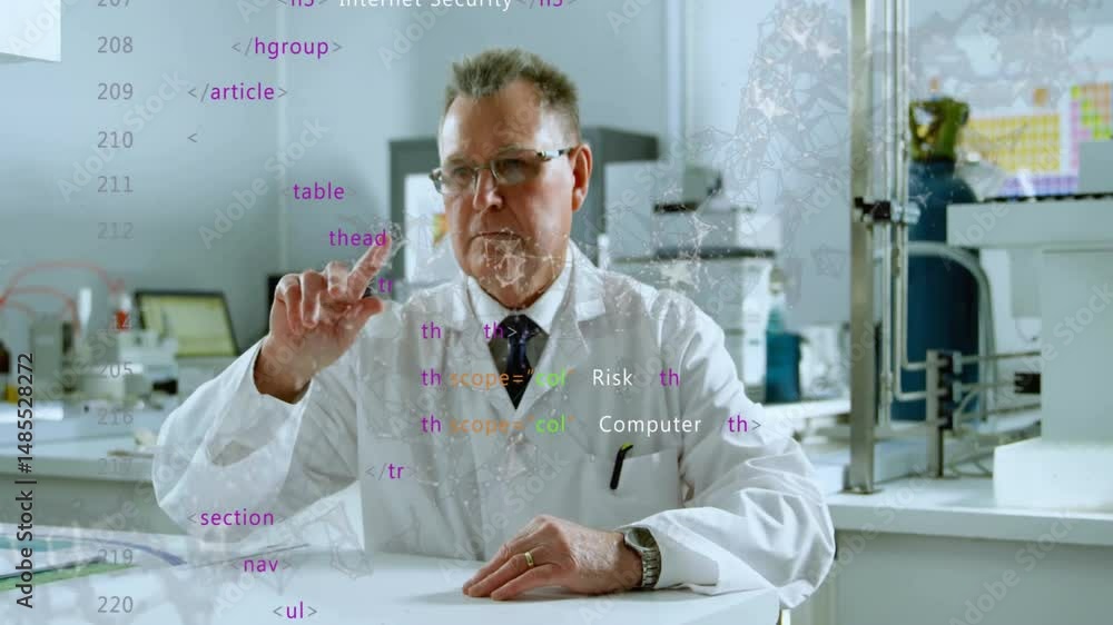 Poster senior scientist pointing at floating html code overlay and network mesh graphic in technology lab