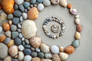 Obraz premium Seashells and Pebbles Spiral Design on Sandy Beach Summer Vacation Ocean Coastal Theme