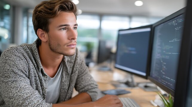 A thoughtful man working on computers.
