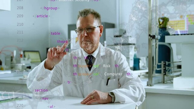 Senior scientist pointing at floating HTML code overlay and network mesh graphic in technology lab