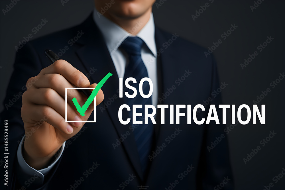 Poster iso certification approval concept. a person highlighting iso certification process with a glowing c