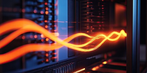 Orange glowing network cables inside a server rack