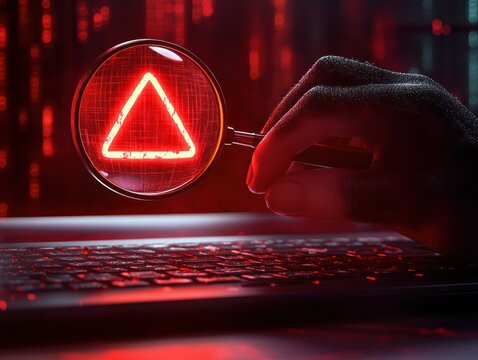 Gloved hand holding magnifying glass focusing on glowing red triangular warning symbol above illuminated laptop keyboard in dark environment