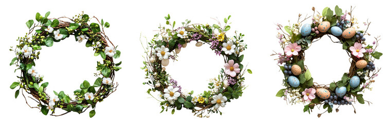 Isolated Floral Wreaths with Easter Eggs on Transparent Background