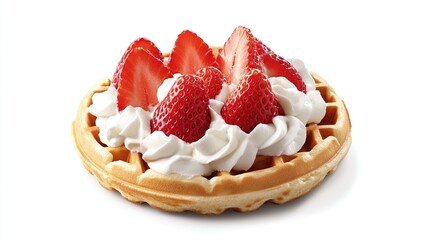 A golden waffle topped with whipped cream and four fresh strawberries