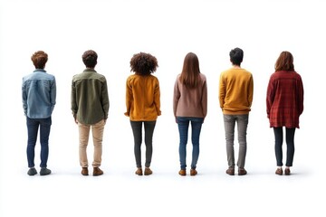 Group of six diverse young adults standing in a row facing away from the camera against a white background, showing casual autumn clothing and relaxed posture