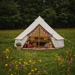 Beige Bell Tent in Vibrant Wildflower Meadow