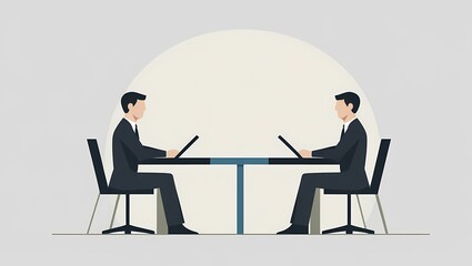 Business Meeting or Online Collaboration Concept: Two Businessmen on Laptops Facing Each Other Minimalist Illustration - Perfect for Teamwork & Negotiation themes