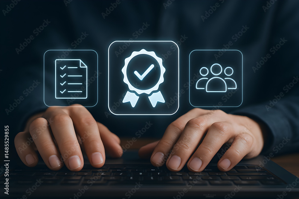 Poster businessman using laptop with quality assurance and document icon for iso or international standard 