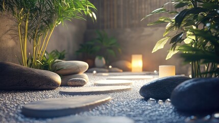 A serene meditation space with calming colors and natural elements like stones and plants