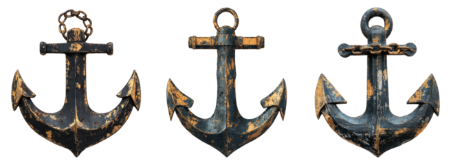 Three Vintage Anchors Isolated on Transparent Background Set