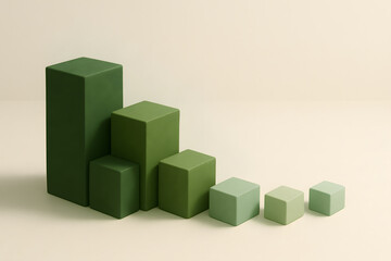 Minimalist Green Gradient Blocks Bar Chart Concept for Data, Growth, Decline, Statistics - Abstract 3D Render on Ivory Background