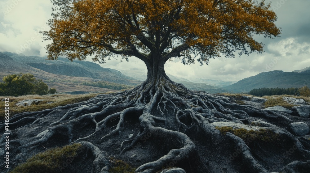 Poster create a surreal tree with roots growing upwards instead of downward, fully isolated from any landsc