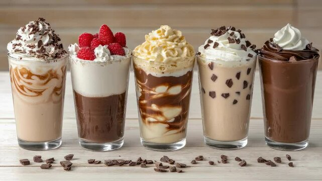 Gourmet Chocolate and Coffee Iced Dessert Drinks in Glass Cups