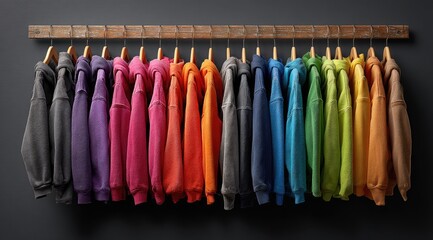 Colorful hoodies lined up on wooden hangers