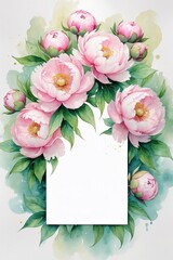 Delicate watercolor peonies with white mock up for greeting card or invitation
