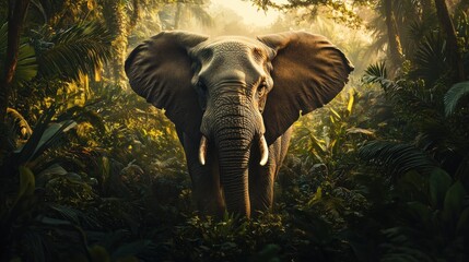 Enigmatic elephant emerges majestically from dense tropical foliage