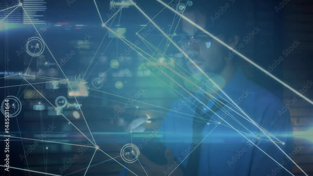 Poster man holding smartphone using transparent network display with connection lines in business tech