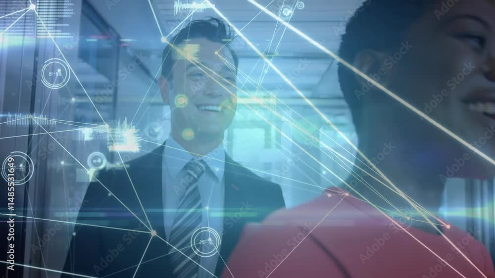 Poster man in suit standing and smiling in business corridor, with digital network lines interface overlay