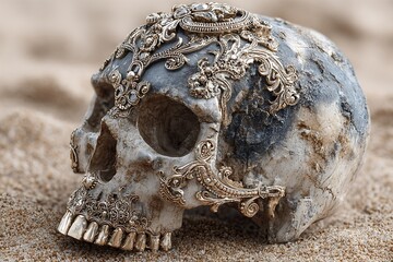 Ornate golden skull on a beach