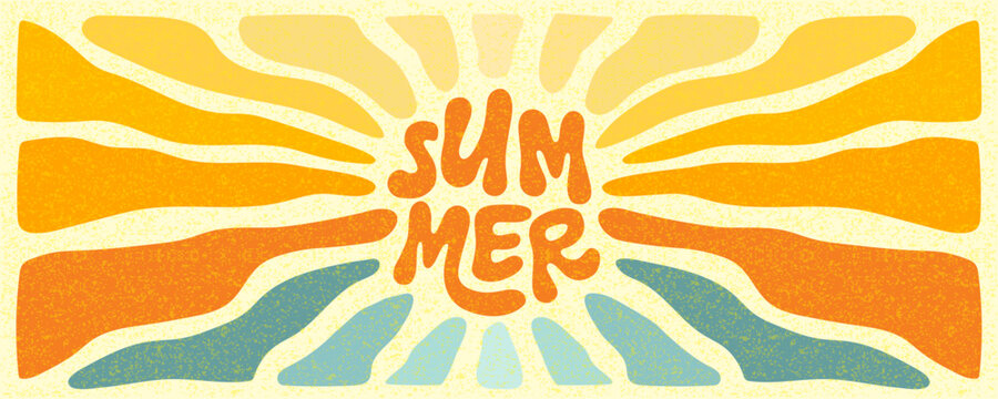 1.	Summer.  Sunshine. Sun groovy retro background. Sunburst hippie banner with vintage grainy texture, hand drawn abstract pattern in 60s, 70s. Modern summer vector illustration easy editable 