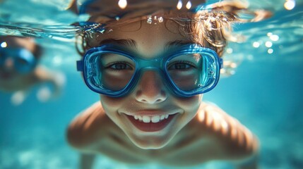Fototapeta premium Close-up of a smiling child wearing blue swimming goggles underwater enjoying swimming