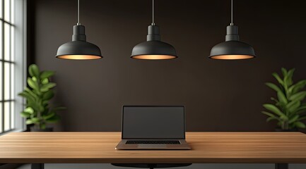 Modern workspace with laptop and pendant lights