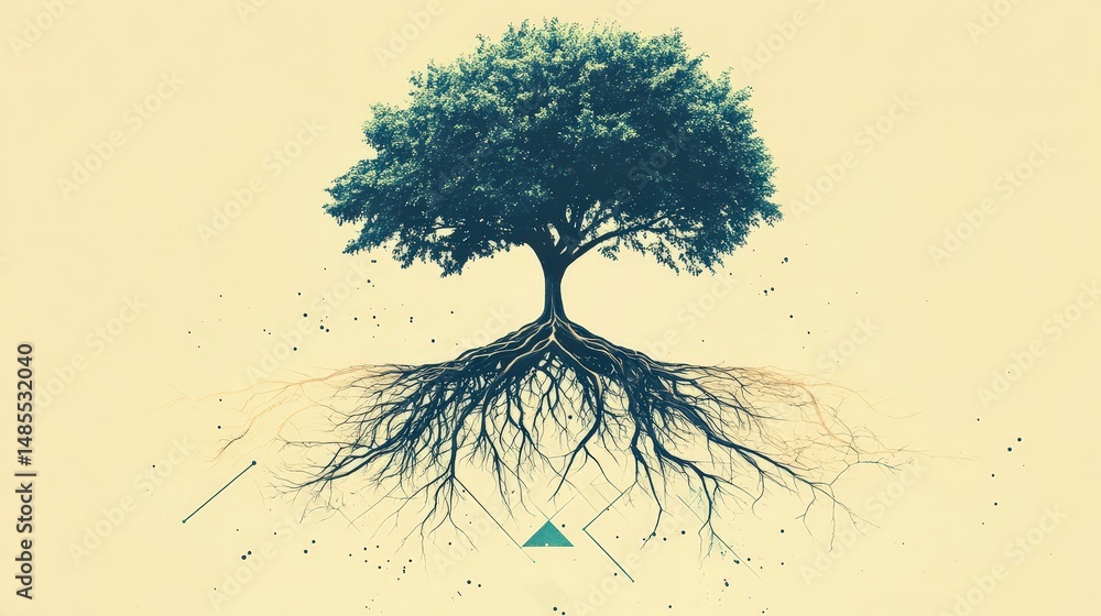 Poster create an abstract tree with roots extending into geometric shapes, isolated in a modern art style