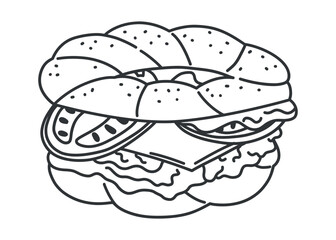 Doodle line isolated illustration of traditional Turkish simit sandwich with cheese, tomato, and herbs. Hand drawn vector of Mediterranean healthy breakfast pastry with sesame seeds.