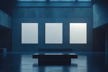 Three blank canvases in a modern gallery