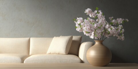 Calm, minimalist living room with cherry blossoms
