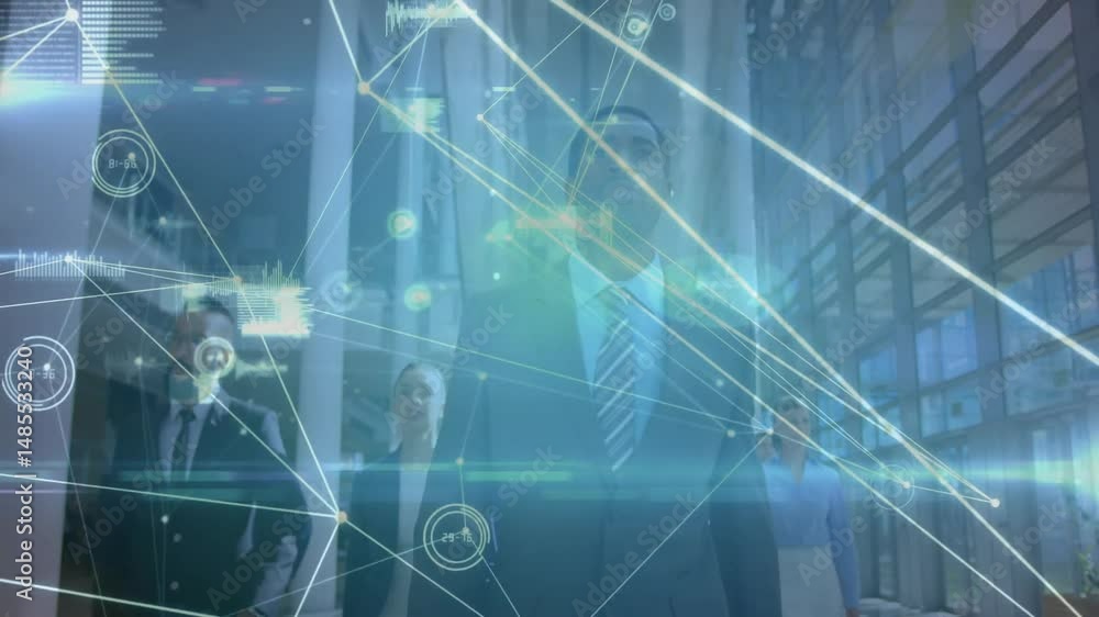 Poster group of business professionals walking in lobby, displaying network lines and data charts