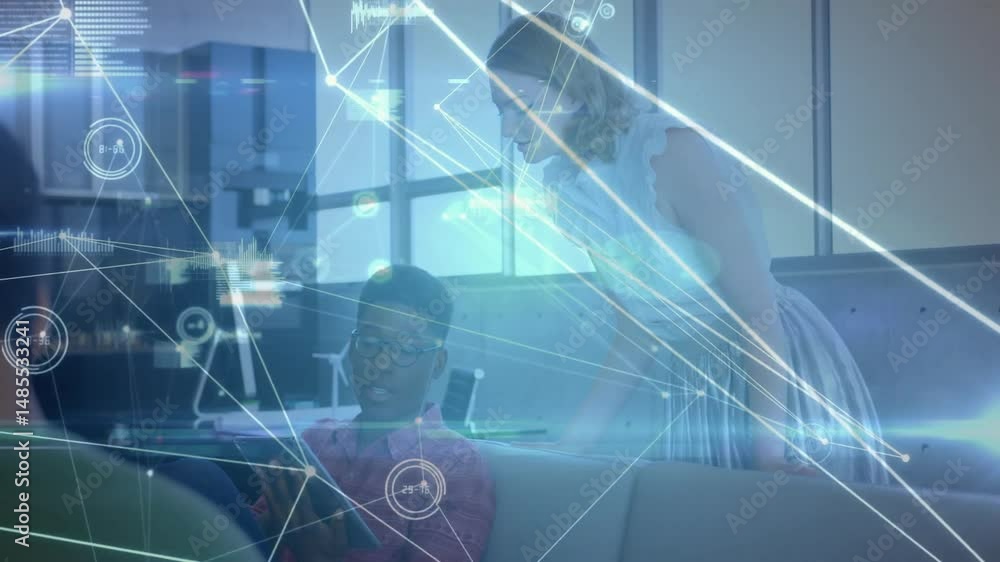Poster coworkers collaborating with tablet on couch, displaying technology network lines and data charts