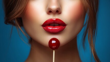 Fototapeta premium A close-up shot of a woman savoring a lollipop on a stick in front of her face