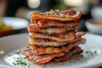 Stack of bacon on plate.
