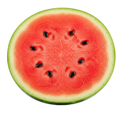Freshly sliced watermelon showcasing vibrant red flesh and black seeds on a white background