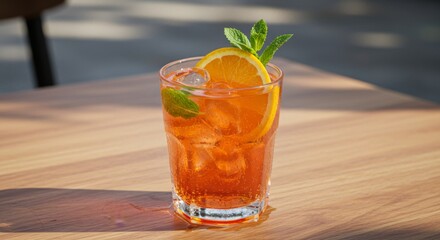 Naklejka premium Refreshing Orange and Mint Cocktail with Ice in a Glass on Wooden Table