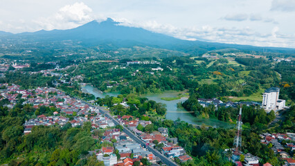Aerial Landscape of Village, Lake and Mountain Scenery in the Highlands