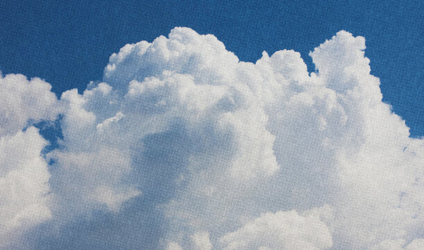 halftone blue sky and soft white clouds. Dotted retro background design. Vintage nostalgic artistic backdrop.