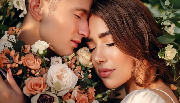 Retrato en primer plano de una pareja abrazada por flores