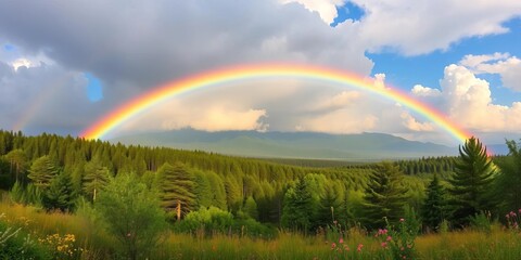 Naklejka premium Vibrant rainbow arching over lush forest, wildflowers, and fluffy clouds, majestic, awe-inspiring