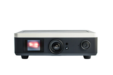 a black and white device with a red light