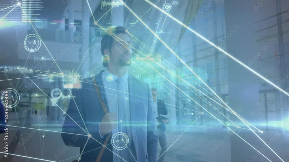 Aufkleber two colleagues walking through lobby while glowing data lines and nodes overlaying charts for tech